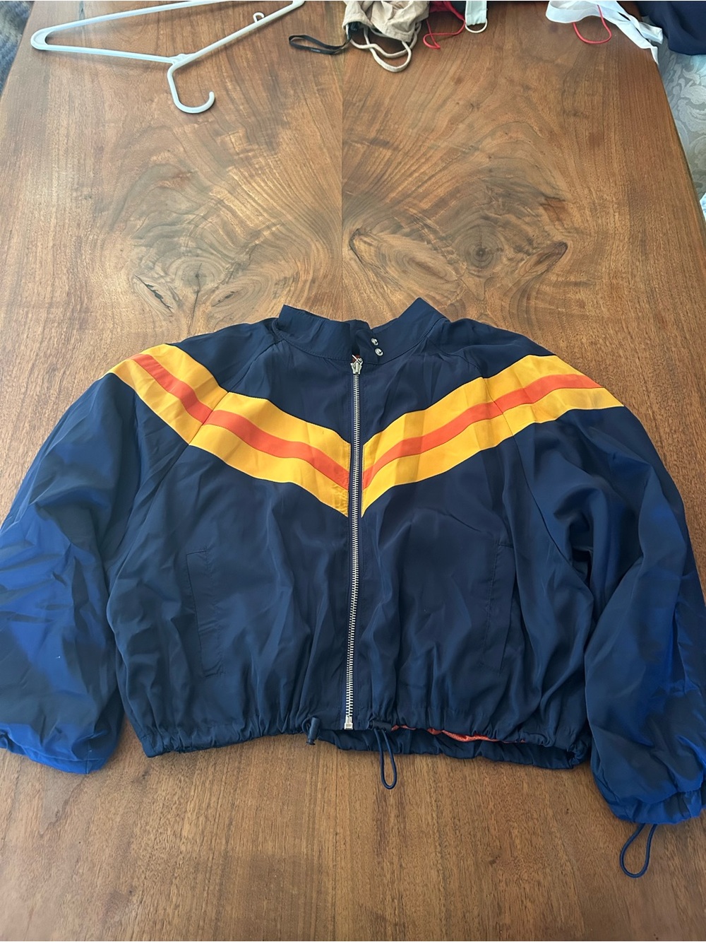 Navy Windbreaker Jacket with Yellow and Orange Chevron Panels